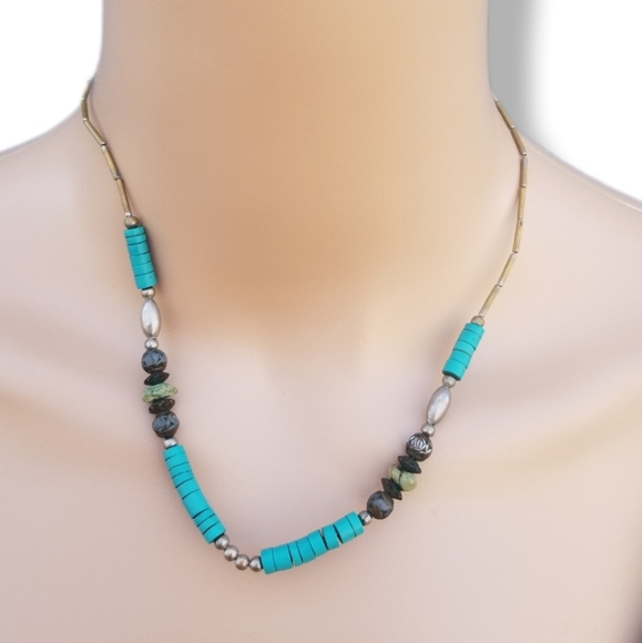 1970s SILVERPLATED BRASS & TURQUOISE COLOR CLAY BEAD NATIVE STYLE NECKLACE - Picture 1 of 7